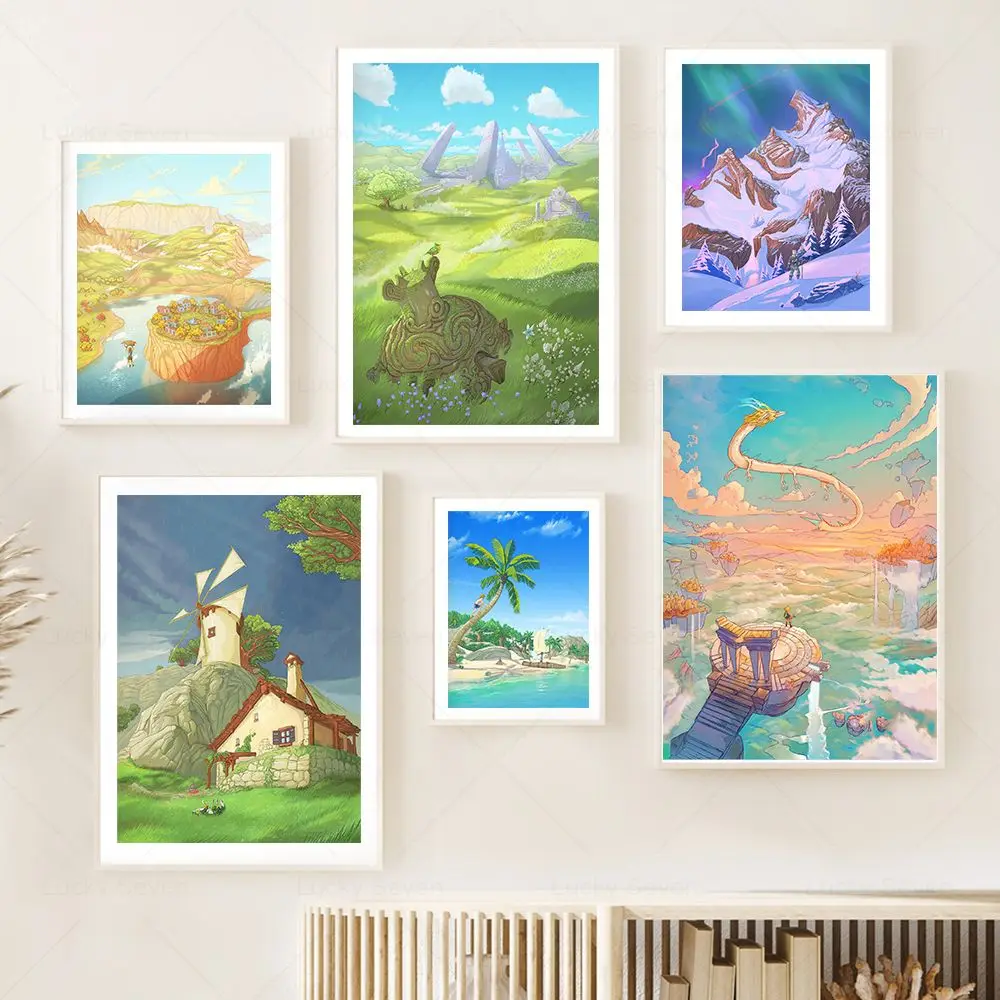 Hyrule Village Canvas Painting Zelda Travel Anime Landscape Posters Prints Wild Breath Wall Pictures for Living Room Home Decor