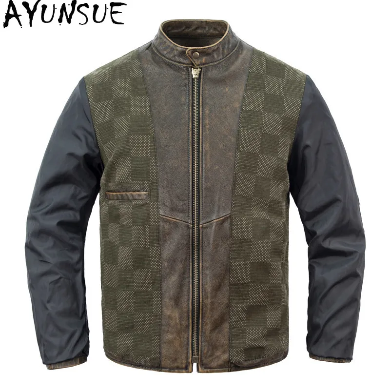 AYUNSUE 1.3mm Vintage Stone‑washed Distressed Genuine Leather Jacket Men Short 100% Real Cow Leather Coat Motorcycle Jackets New