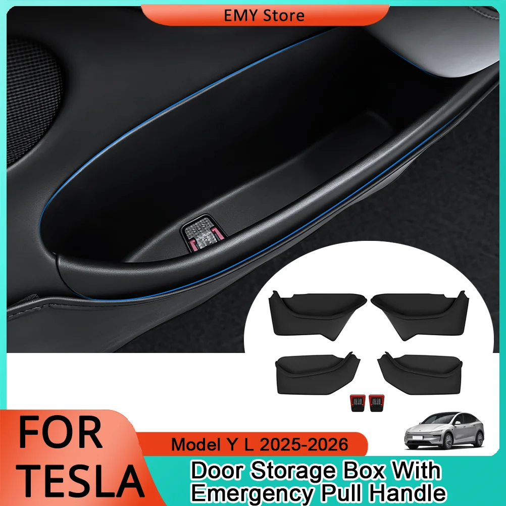 Heenvn TPE Door Storage Box For Tesla Model Y L 2025 Emergency Pull Handle Door Side Organizer Tray Car Interior Accessories