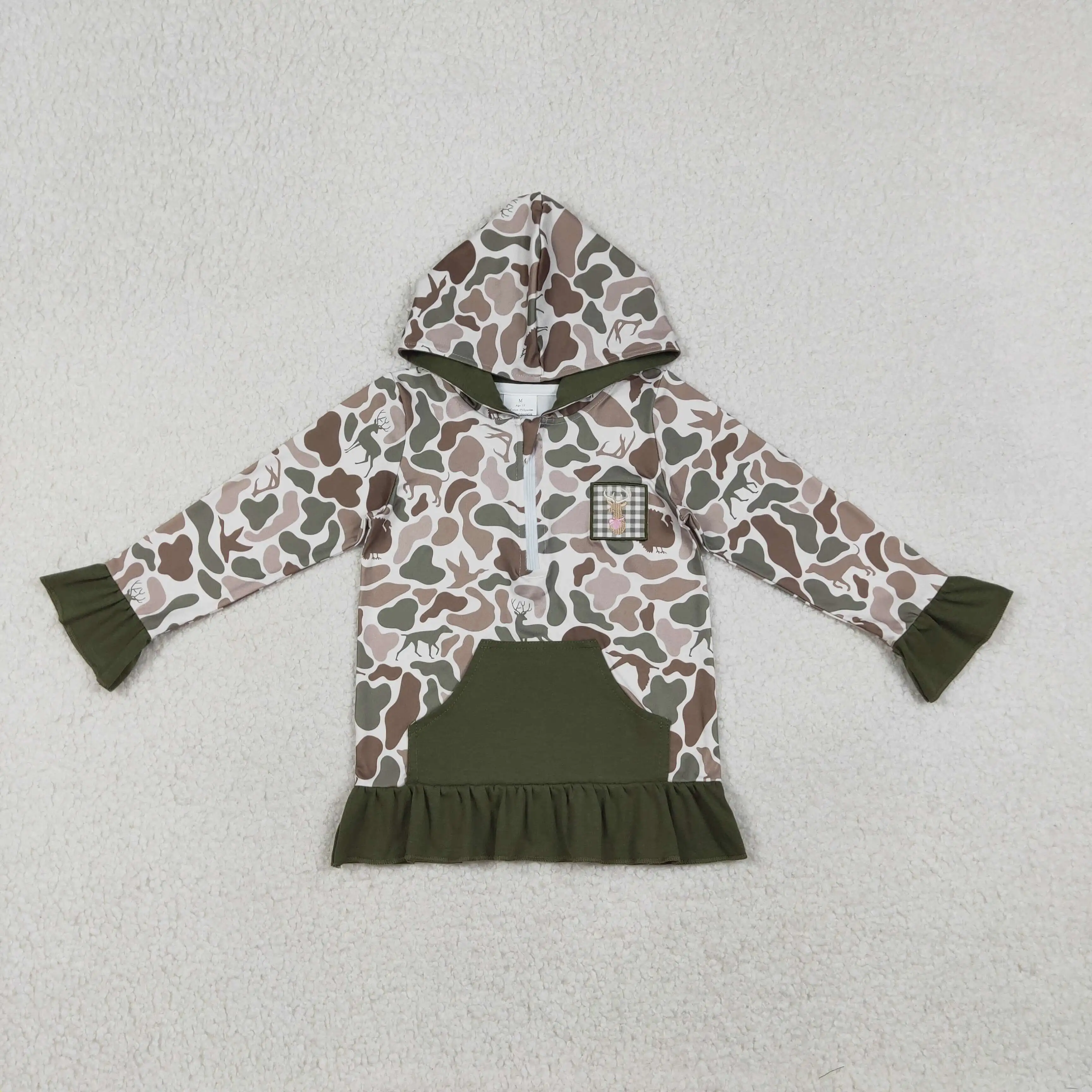 

NEW RST Embroidery Deer Baby Girls Green Camo Pockets Zipper Hunting Hoodies Top