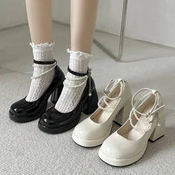 Y2K Chunky Platform High Heels Pumps Women 2023 Summer Patent Leather Black White Lolita Shoes Woman Pearl Ankle Straps Pumps