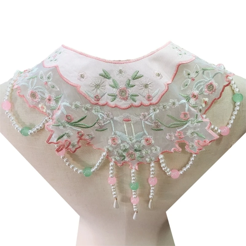 

Girls Vintage Dress Detachable False Collar Pearl Beaded Yunjian Shawl Scarf Chinese Style Embroidery Flower Boleros