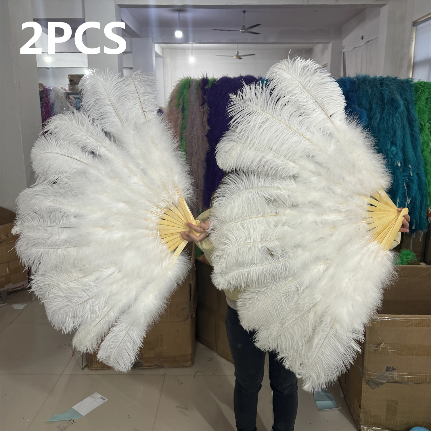 

2Piece Ostrich Feathers Fans Foldable Hand Held White Plumes Fan Performance Fans Party Props Stage Show Props 100CM 130 CM