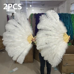 2Piece Ostrich Feathers Fans Foldable Hand Held White Plumes Fan Performance Fans Party Props Stage Show Props 100CM 130 CM