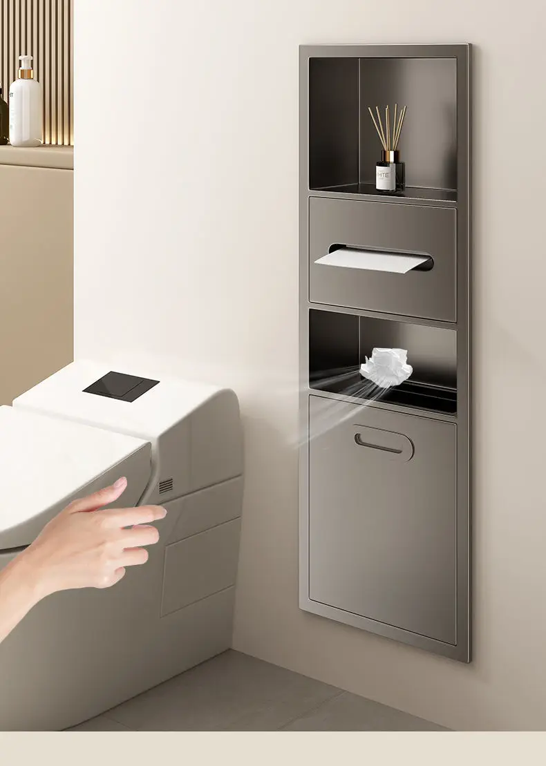 

Stainless steel, niche, toilet, recessed, next to toilet, shelf
