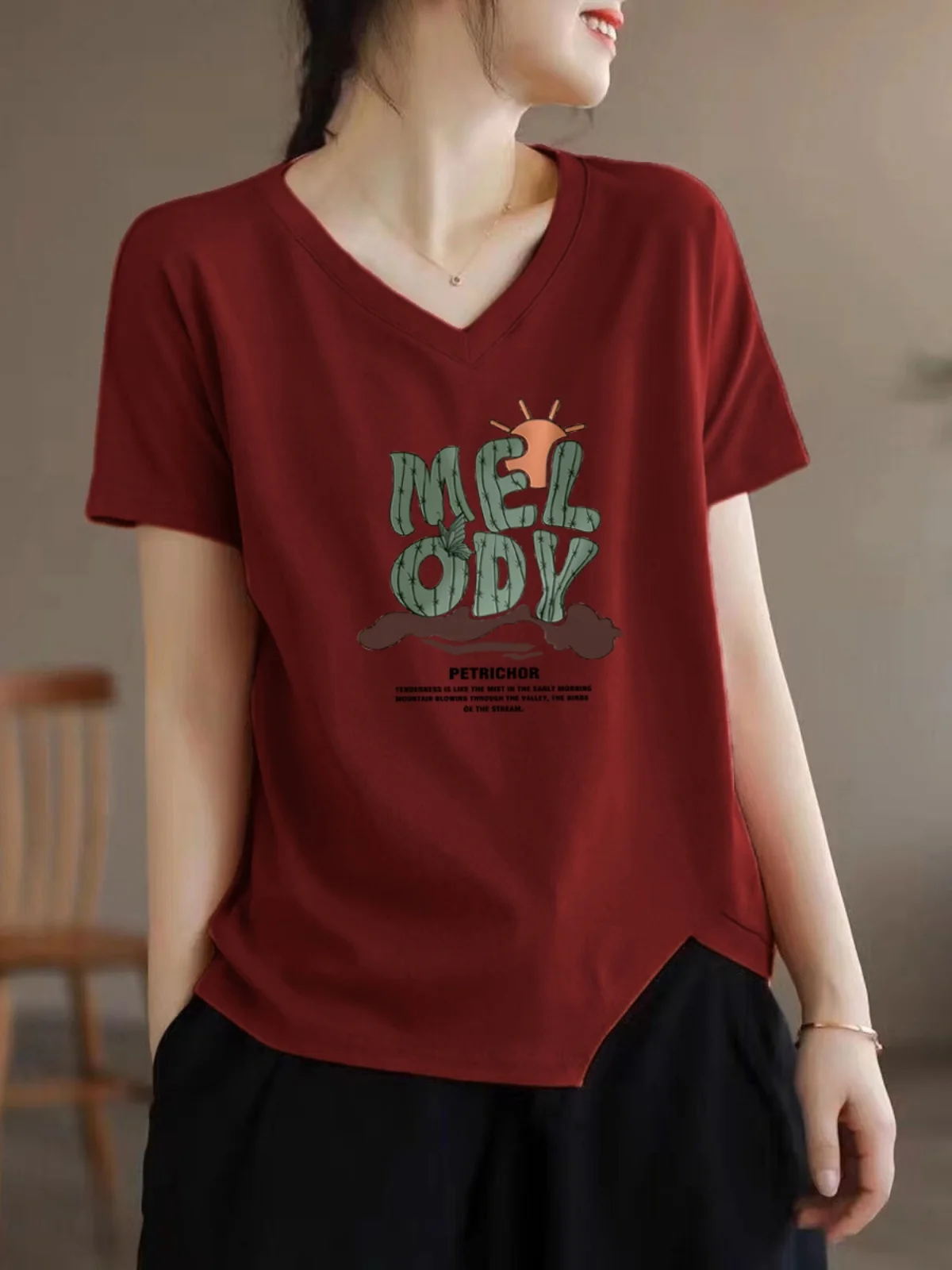 Off-Season V-Ne ort Sve Pure Cotton Women's Top Trendy ex Home Clothes Loose Fit Regular Length Summer New Sle