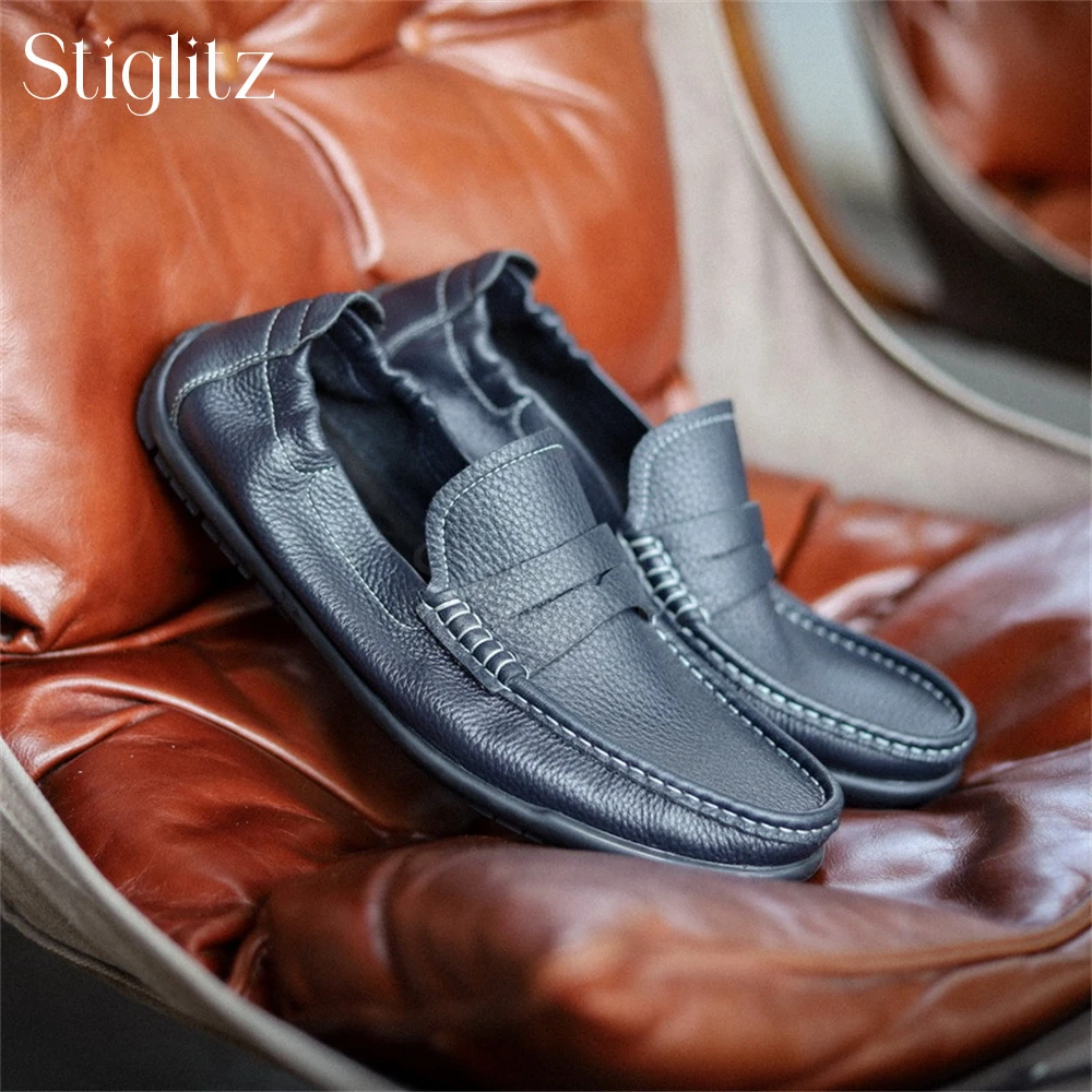 

Genuine Cowhide Sewing Loafers Round Toe Flat Shoes Soft Soles Comfortable Breathable Daily Casual Shoes Men's Handmade Footwear