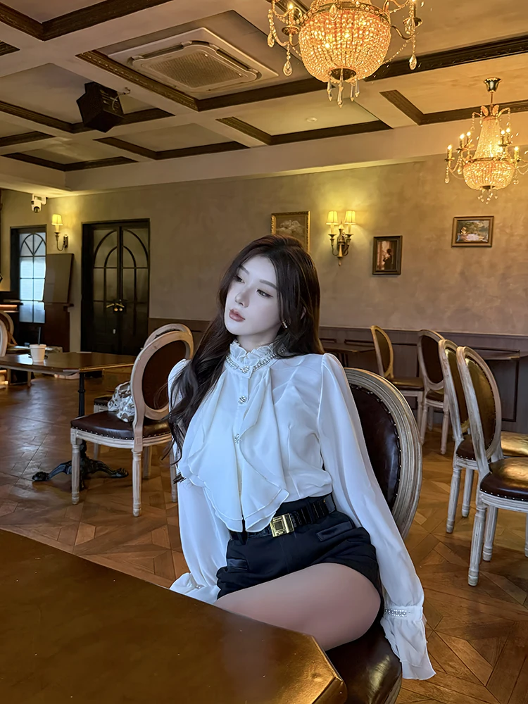 

Усовершенствованная тяжелая работа, белая блузка для женщин, осень-зима, облегающая атласная блузка из жоржета с бриллиантами, корейский Sle