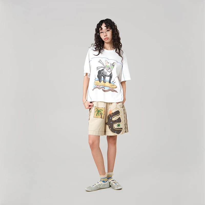 MOVEUP Casual Wide Leg Shorts 2026 Summer Printed Pocket Fashion Design Pure Cotton Commuting Short Pants For Women 3ELX20128