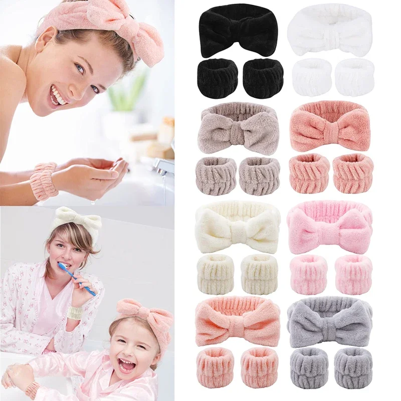 Women Wash Face Headband Hair Holder Soft Wash Face Wristband Absorb Water Coral Fleece Cute Bow Hairbands Set