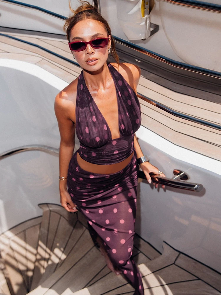 

Whatiwear Prom Party Polka Dot Print 2Piece Set Hakter Bandage Backless v-Neck Vest+Folds Elastic Waist Long Skirt Elegant Suits