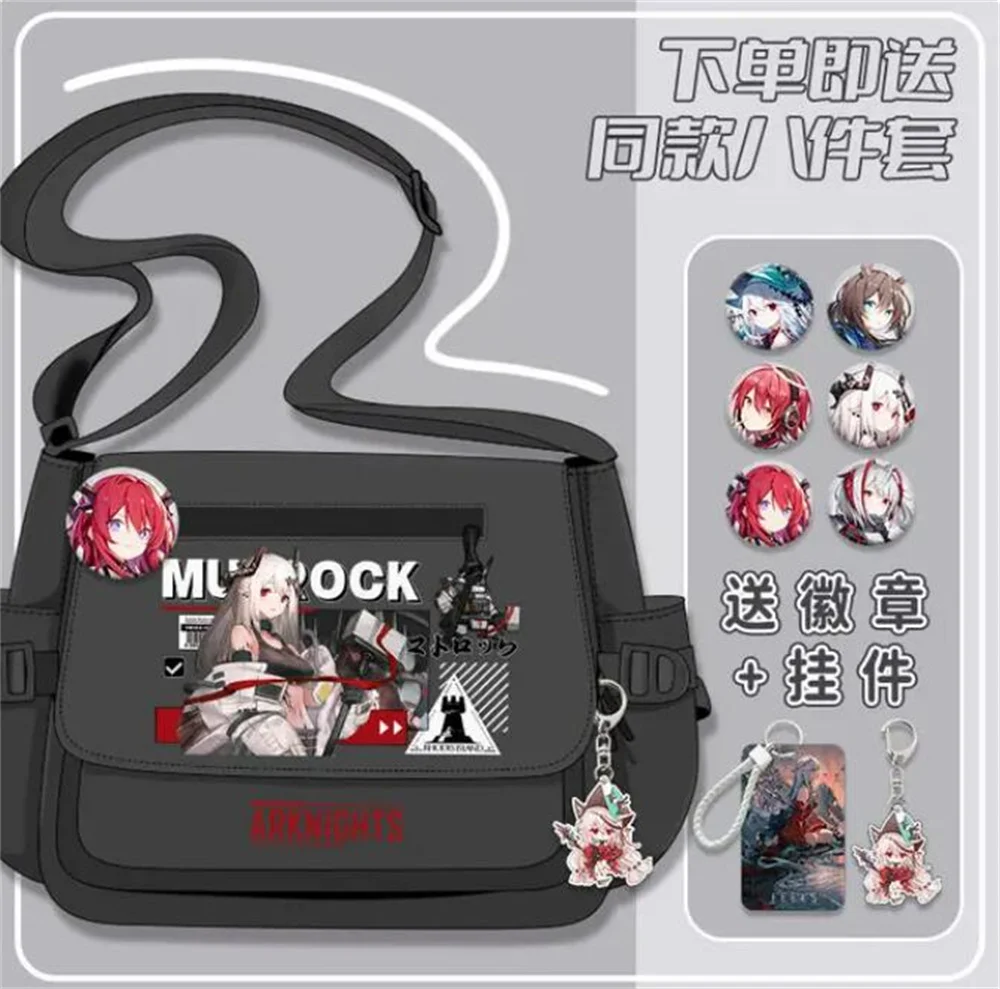 Anime Arknights Rhodeland Shoulder Bag with 6Pcs Badges and 2Pcs Pendants Black White Messenger Cartoon Zipper Crossbody Travel