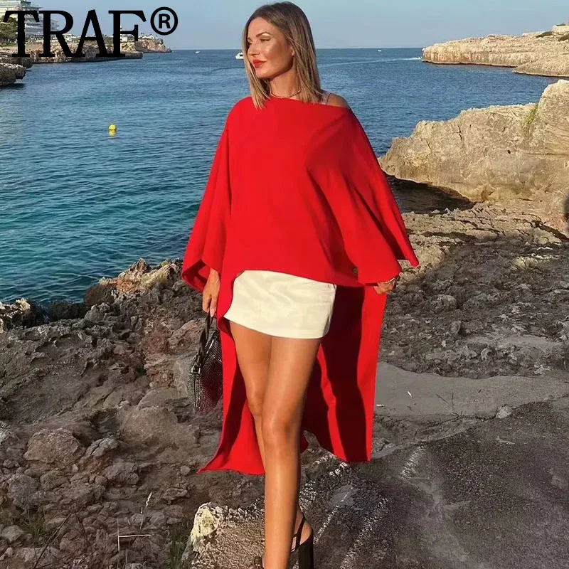 TRAF Woman Asymmetric Red Blouses For Women Fashion 2023 Cape Long Blouse For Women Streetwear Beach Summer Loose Blouses