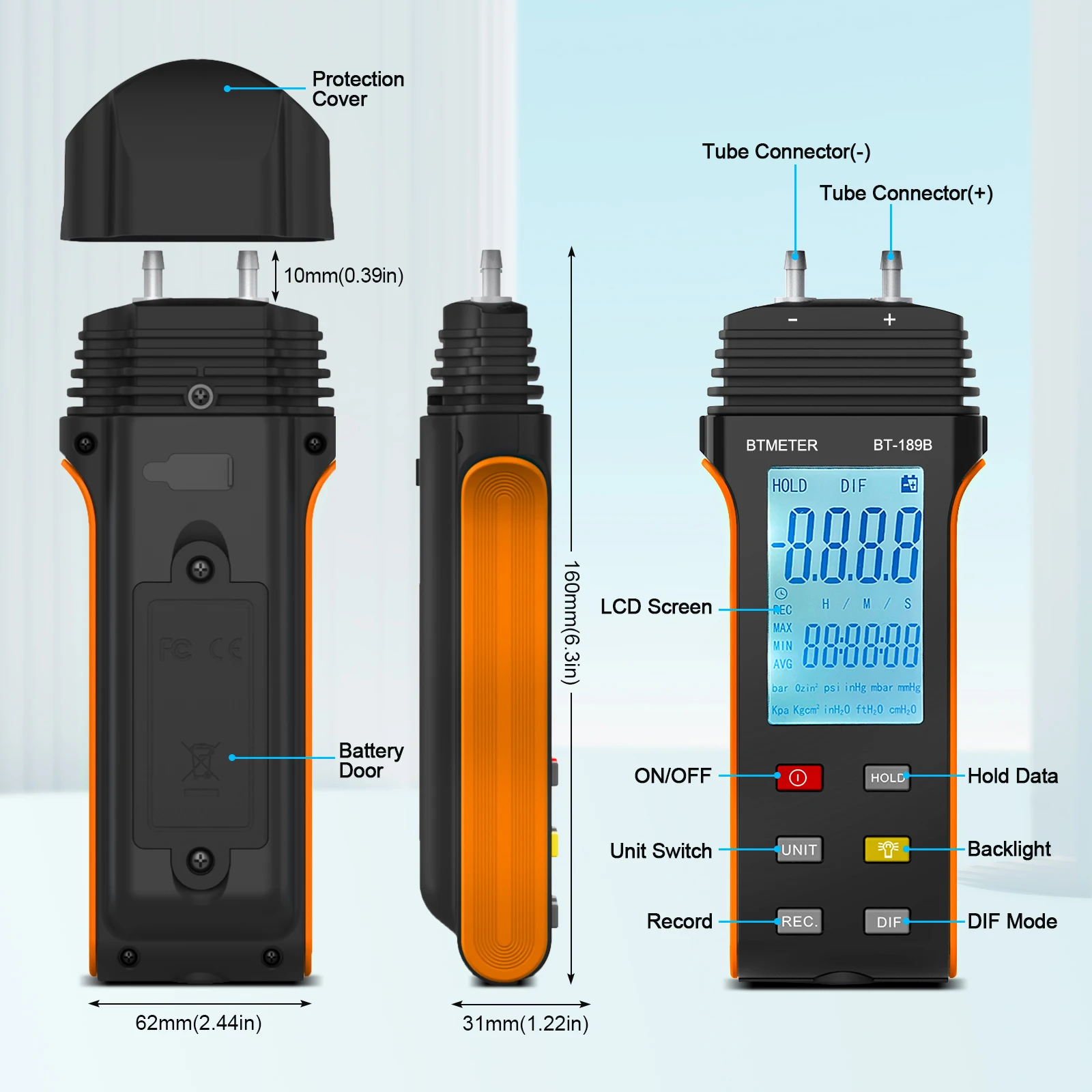 Portable Digital Differential Pressure Gauge, BT-189B Dual Port Air Pressure Detection, For HVAC & Gas Pressure Systems Test - Image 4