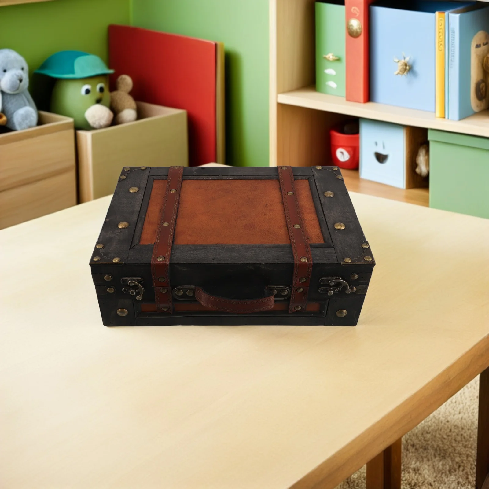 

Vintage Wood Suitcase Decorative Storage Box Retro Wooden Treasure Chest Small Decorative Luggage Chest Compact Wooden