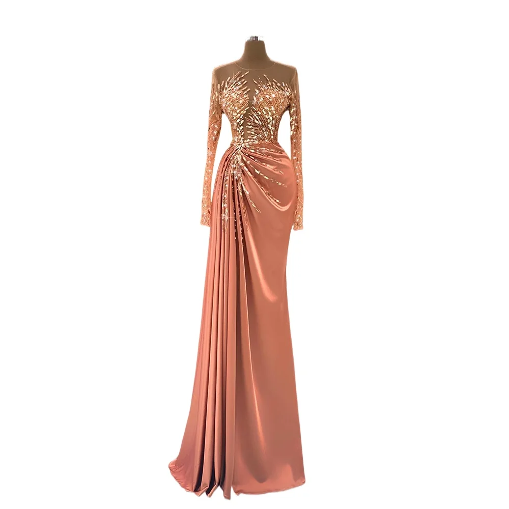 Luxury Sequin Sparkling Mermaid 2024 Graduation Party Formal Orange Long Ball Dress Sparkling Bead Long sleeved Evening Dressing