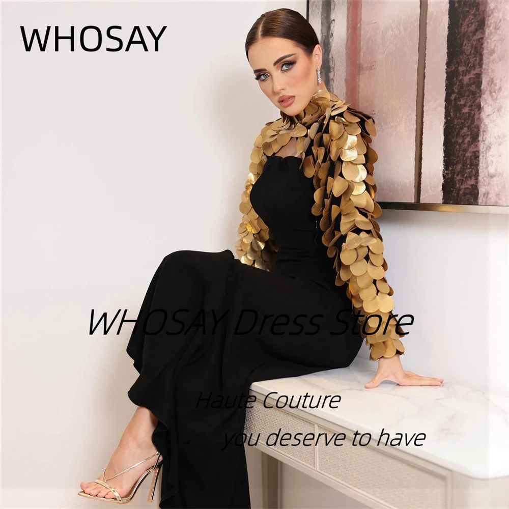 WHOSAY Customized Black Long Prom Dresses Strapless Zipper Back Evening Gowns High Collar Long Sleeves Wedding Party Saudi Women