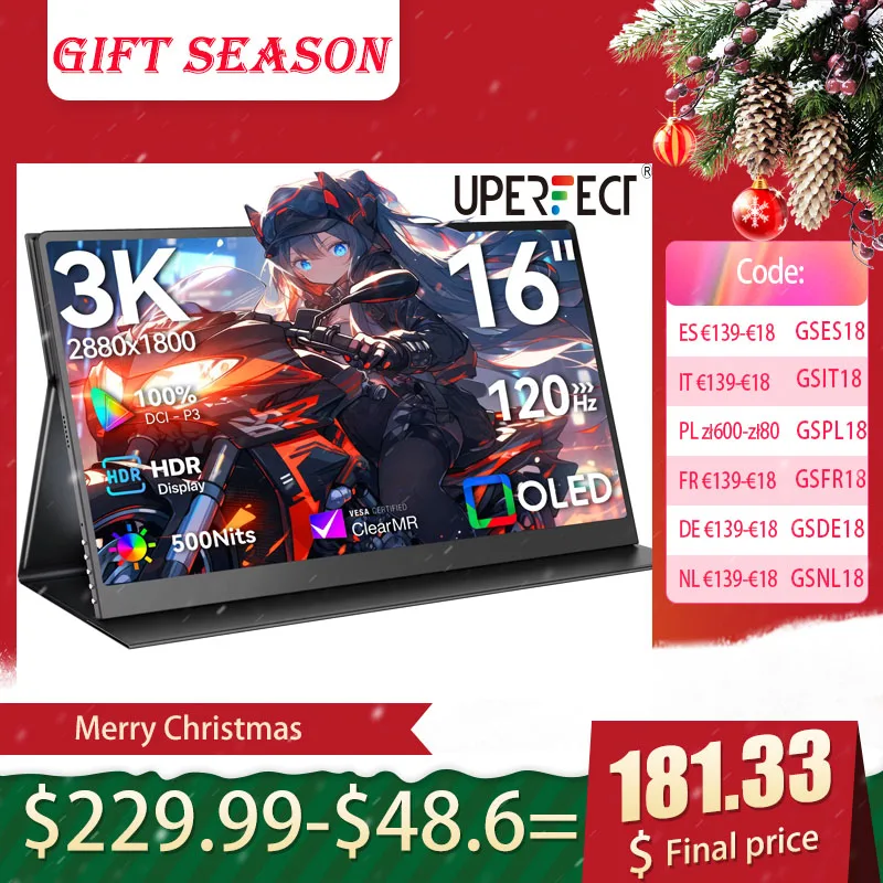 16 inch 120HZ Portable Monitor 3K For Laptop Switch XBOX PS4 100%sRGB USBC HDMI Travel External Second Computer Screen With VESA