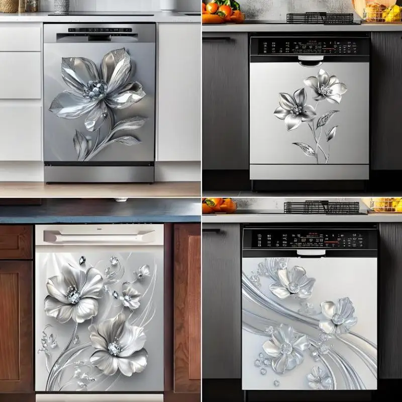 【S】Silvery Floral Rhinestone Decal Kitchen Fridge Dishwasher Sticker Self-Adhesive Removable Wall Decals Home Decor