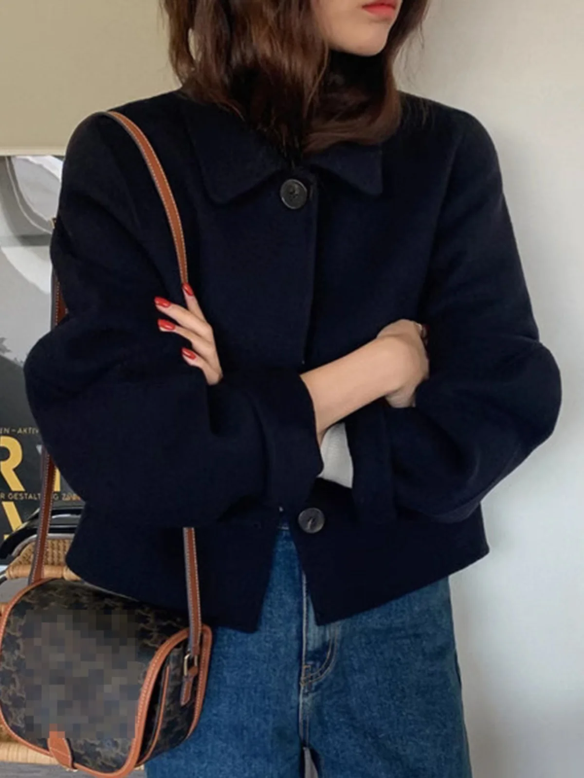 

Women's Woolen Coat Autumn Winter Vintage Lapel Loose Design ort Sle Long Sve Outerwear Top for Small Figures