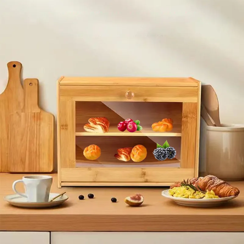 Bamboo Bread Box Kitchen Bread Storage Organizer Food Storage Box with Transparent Window Double Layer Bread Box