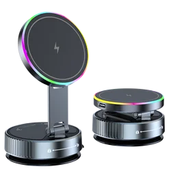 Foldable Magnetic Car Phone Holder with 15W Wireless Charger with Ambient Light for iPhone 16 15 14 13 pro max