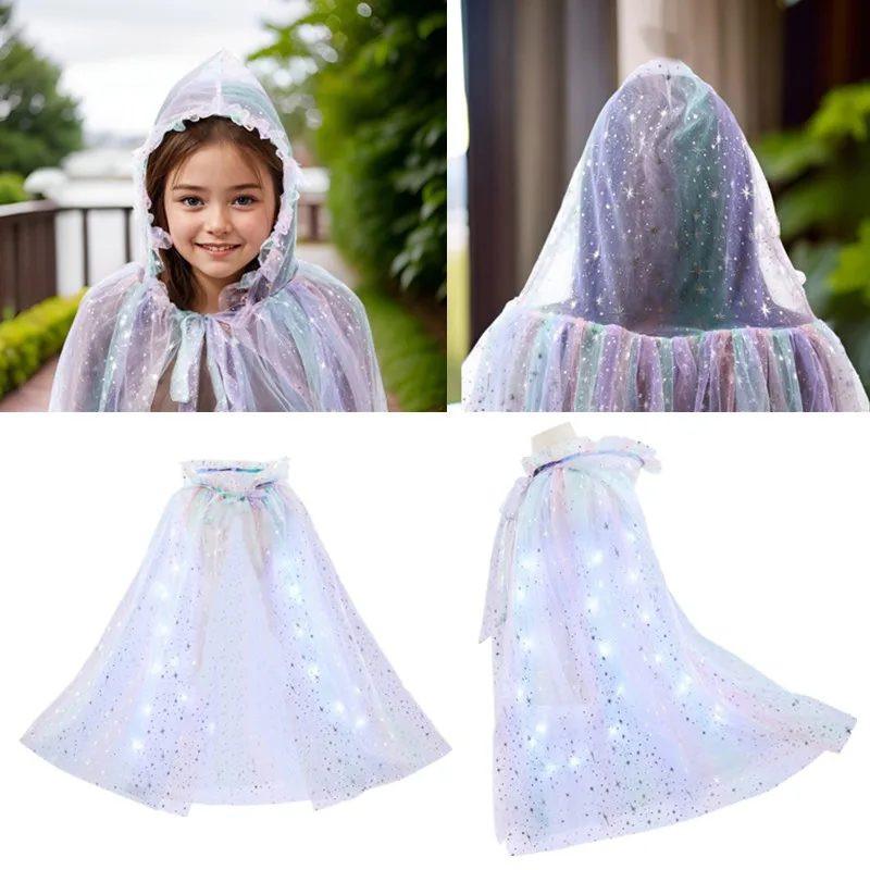 Colorful Glittering Princess Girls Cosplay Cloak Hooded Mesh Tulle Cape for Halloween Party Baby Girl Photography Props Costume