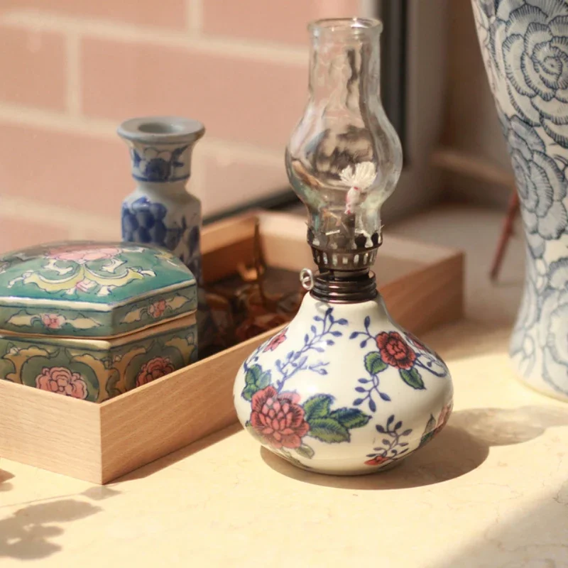 Ceramic Oil Lamp Retro Colored Pottery Decoration Hand-painted Desktop Craft Exquisite Home Decoration Chinese-style