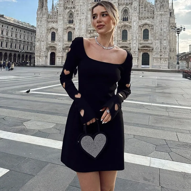 

Talenza Black Love Hollow Dress Women's Fashion Slim Laceup Knitted Long Sleeve Dress Summer Elegant Party Evening Dress Female