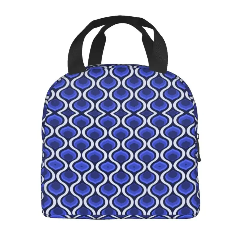 Custom Orla Kiely Abstract Retro Fabric Blue White Lunch Bag Men Geometric Floral Thermal Cooler Lunch Boxes for Student School