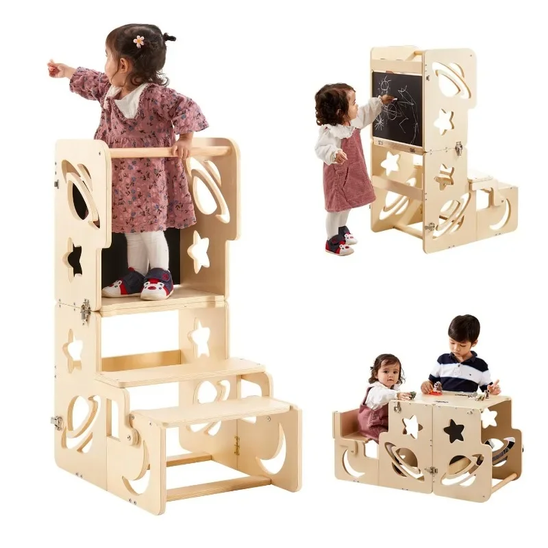 Wooden children's stool Home learning tower steps Children's climbing ladder with guardrail Baby washing stool Solid wood