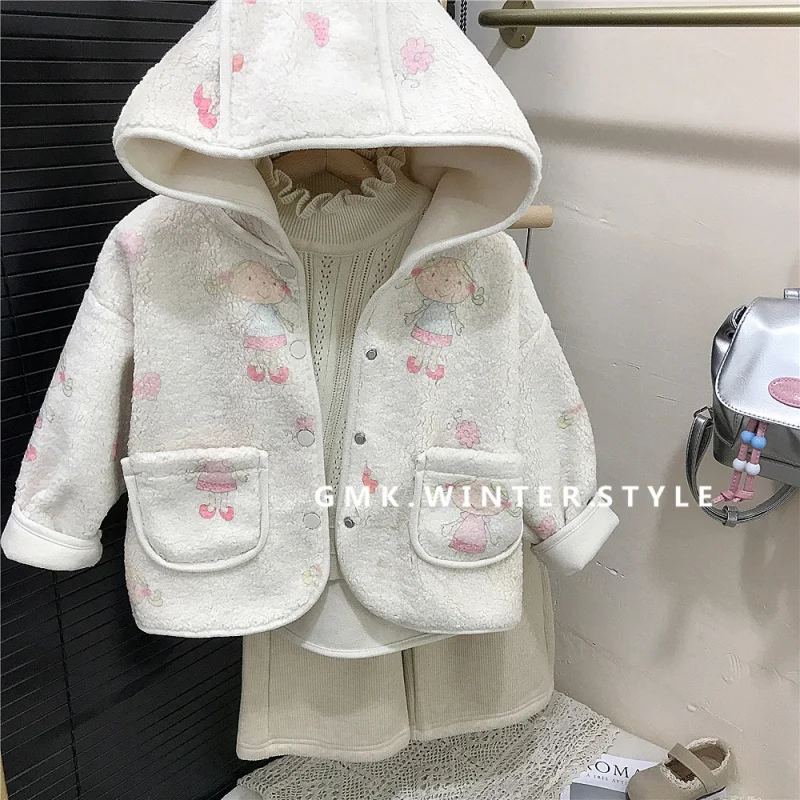 

Girls' Lamb Wool Cartoon Hooded Coat Autumn Winter Little Girls' Furry Coat Lace Trim Base Shirt Set Trendy
