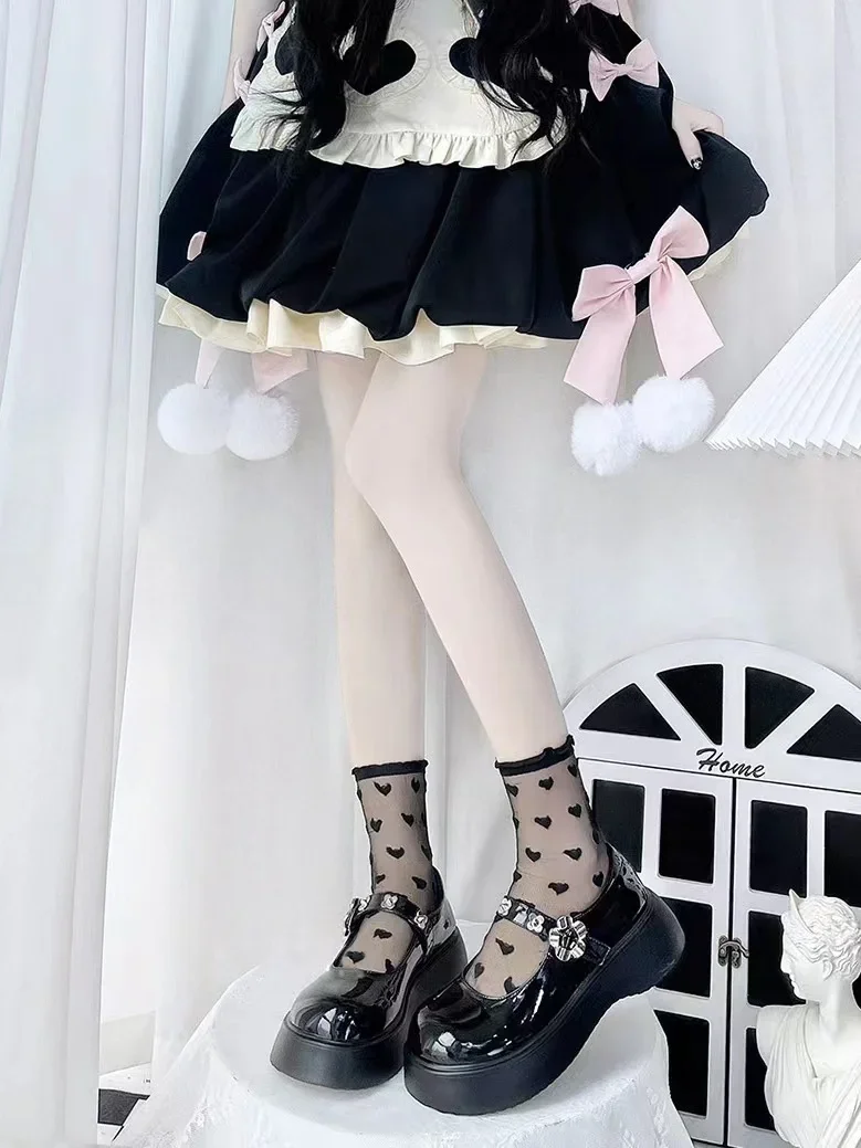 JK Lolita Girls Cute Transparent Mesh Crew Socks Women Sweet Ruffled Lace Trim Cute Love Heart Pattern Anime Princess Hosiery image 2