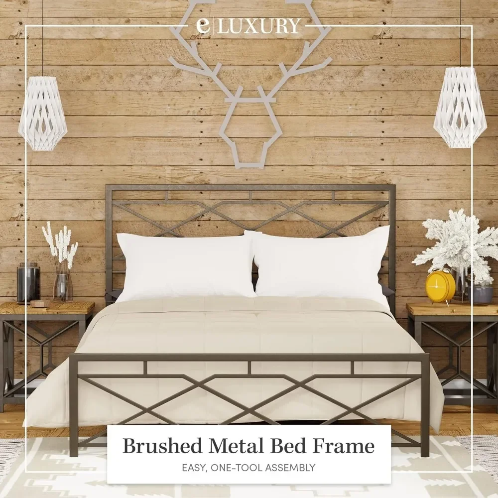 Metal Bed Frame - Carbon Steel with Rustic Pewter Finish Folding Bed Frame - Easy Assembly with Headboard and Footboard