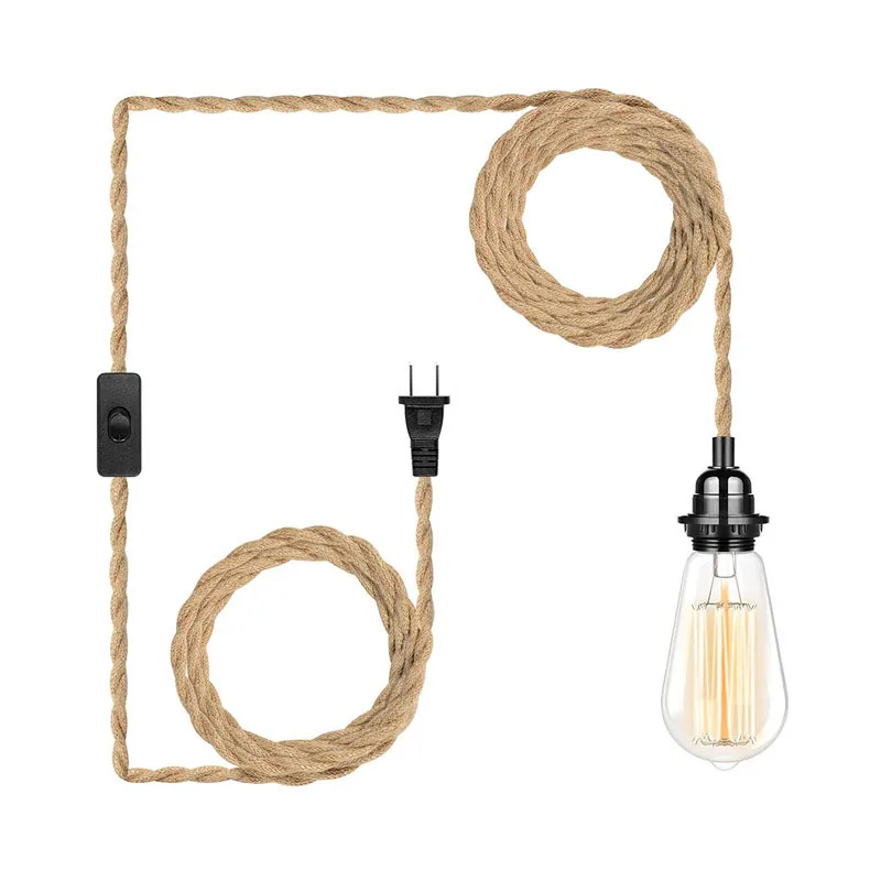 Retro Industrial Plug In Pendant Light With Switch Movable Hemp Rope Kitchen Island Hanging Lamps For Ceiling Interior Fixture