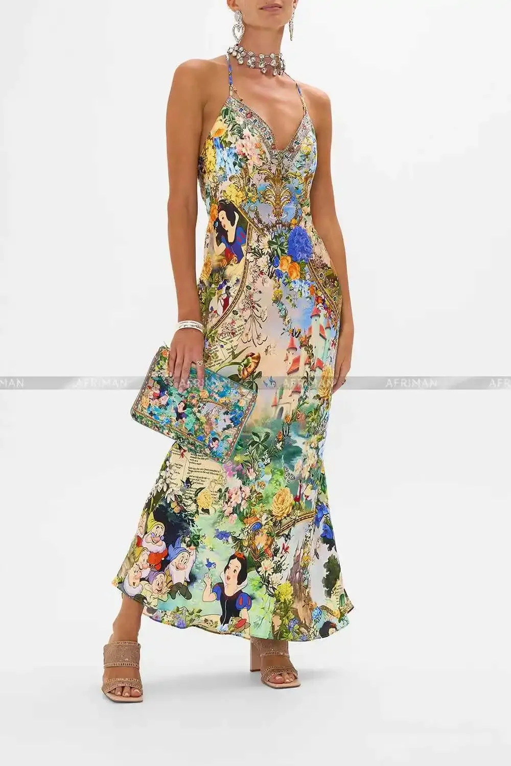 Women Summer New Holiday Style V Neck Sexy Strapless Beaded Cartoon Print Maxi Long Silk Sling Dress