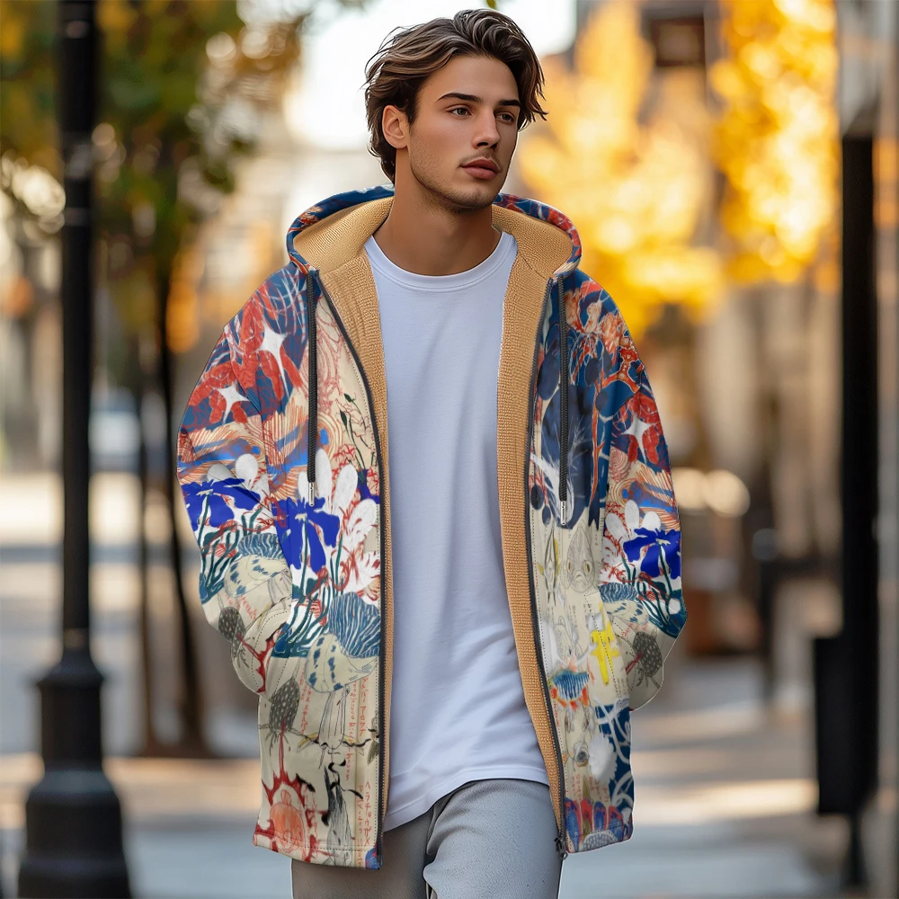 Man winter clothing, New in Down Coats, Color flowers leaves graffiti cotton-padded jacket clothing, feather print pocket zipper