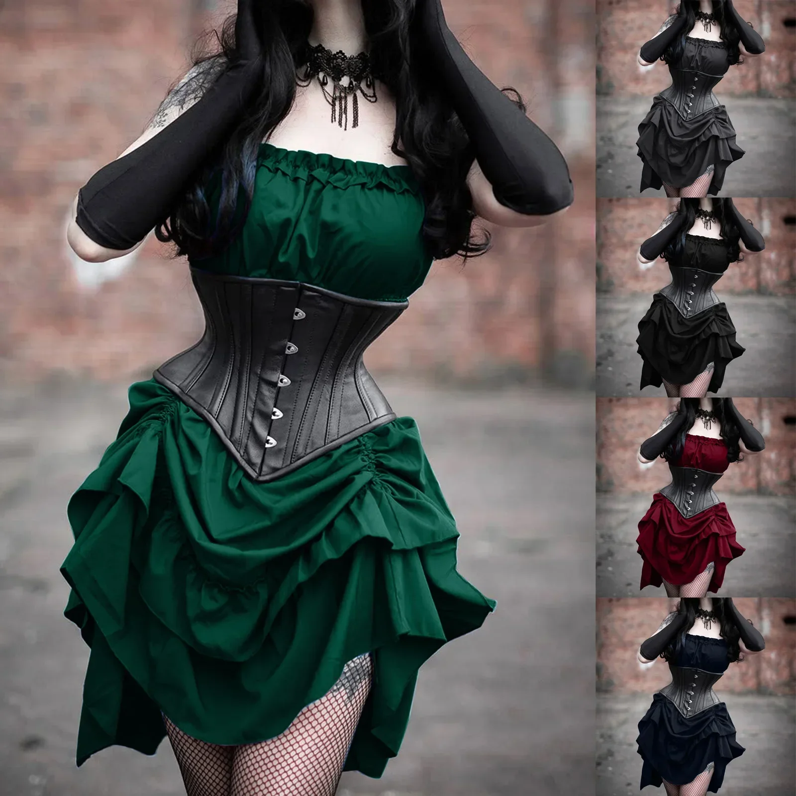 Medieval Renaissance Elf Princess Lolita Sleeveless Women Waist Corset Dark Gothic Ruffles Dress Vintage Pirate Cosplay Costumes