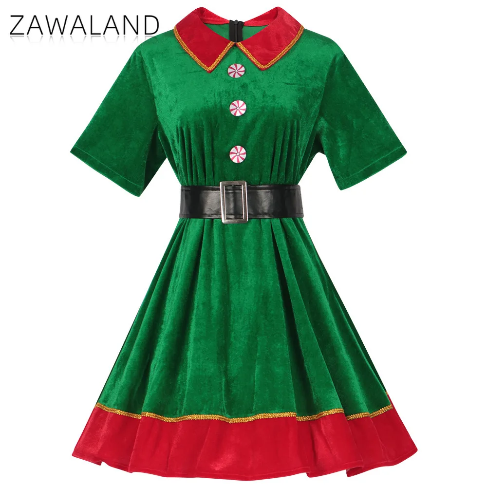 عيد الميلاد قزم تأثيري حلي امرأة الأخضر المخملية ألف خط فستان مع حزام عيد الميلاد مرحلة الأداء فساتين عطلة حفلة الزي #2