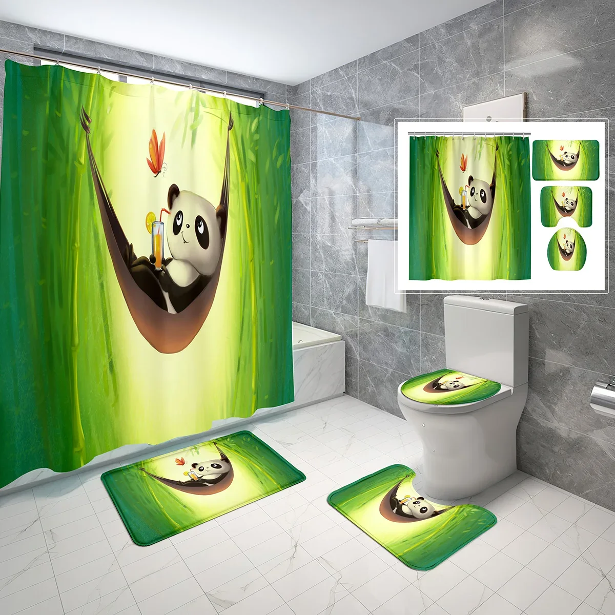 Cartoon Panda Shower Curtain Sets 4 Pcs with Non-Slip Rugs Mat Toilet Lid Cute Black White Bear Waterproof Shower Curtain Set