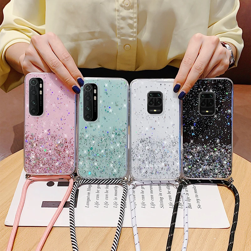 

10pc Glitter Strap Cord Chain Necklace Lanyard Case For Xiaomi Mi 10 CC9 E 8 9 SE 9T Pro A3 A2 Lite 6X 5X Mix Max 2 S 3 F1 Cover