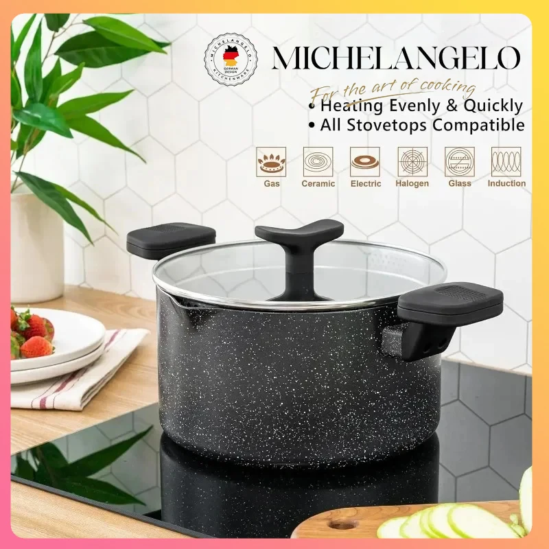 

MICHELANGELO Cooking Noodles Pot Double Handle Soup Pot with Strainer Lid Home Induction Cooker Universal Milk Pot Kitchenware