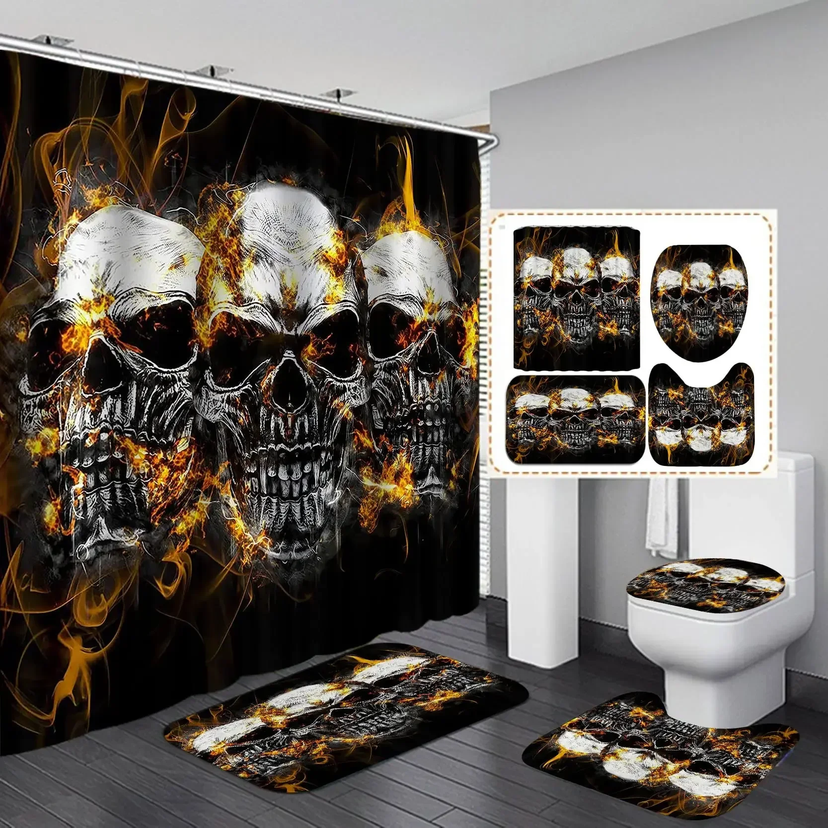 Skull Print Black Shower Curtains Set Bathroom Sets with Curtain and Rugs Bath Mat Carpet Bathtub Home Halloween Decor