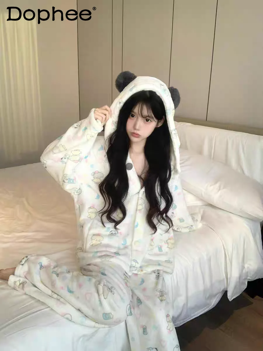 

Japanese Style Ins Sweet Girl Cartoon Cute Panda Coral Fleece Pajamas Autumn Winter Thickened Warm Hooded Flannel Homewear