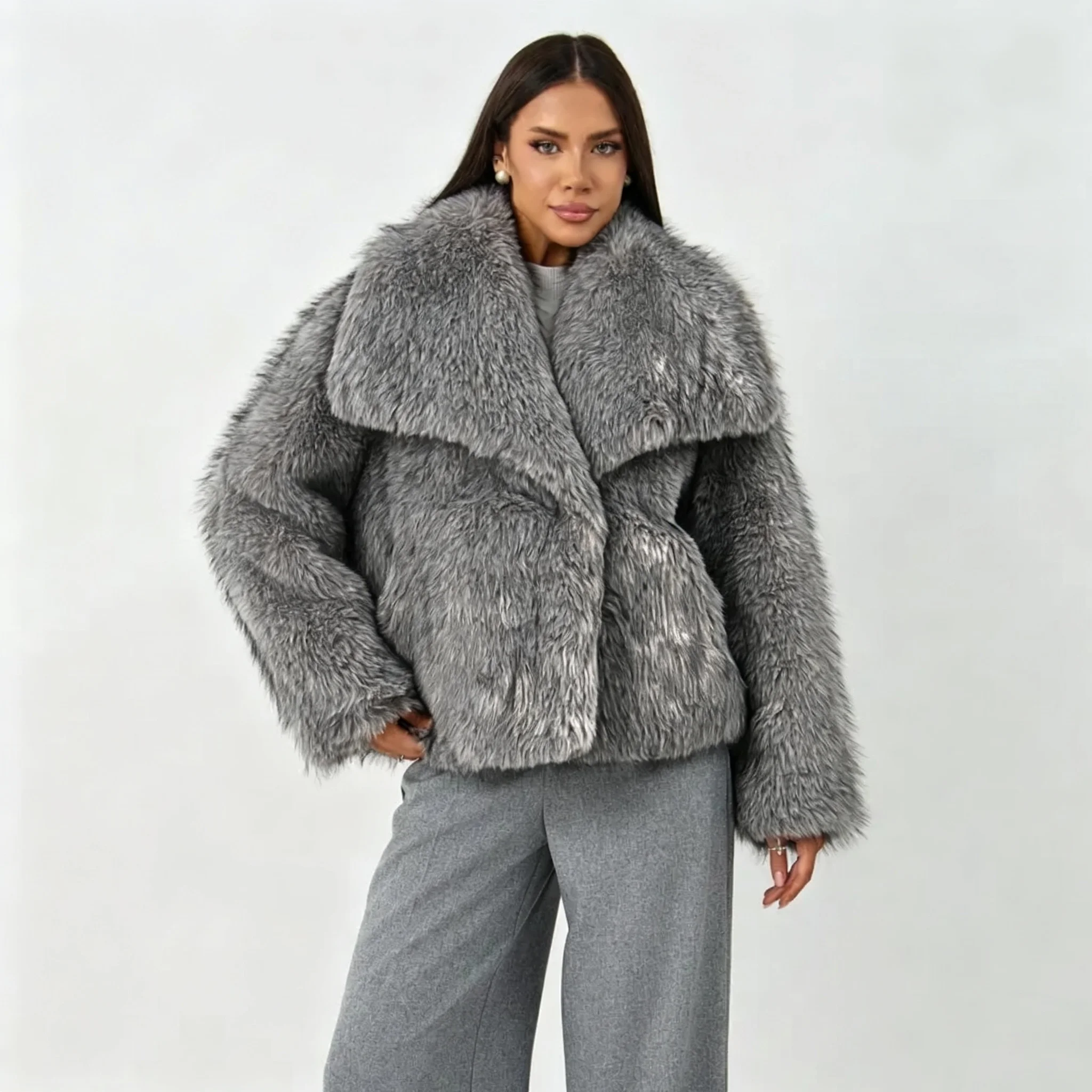 RU Faux Fur Cropped Jacket Oversized Lapel Collar Loose Long Sleeve Warm Fluffy Outerwear Autumn Winter Party Daily Short Coat