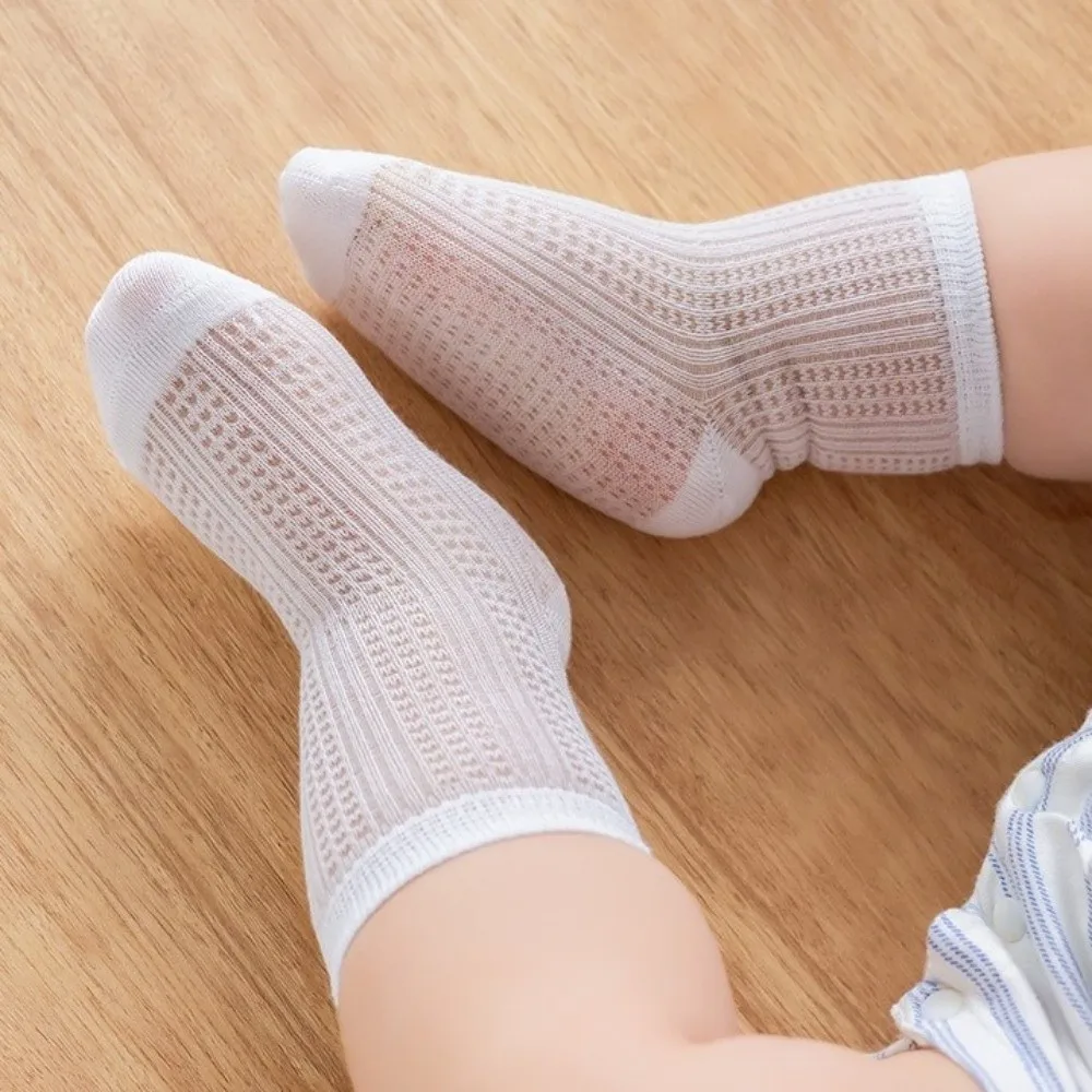 4 Pairs Combed Cotton Newborn Socks Thin Breathable Mid-calf Socks Boneless Construction Multi-pattern Baby Mesh Socks