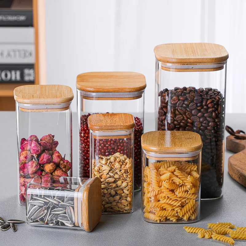 Square Mason Jar with bamboo Cover For Spices Glass Container Glass Jars With Lids Cookie Jar Kitchen Jars And Lids Wholesale