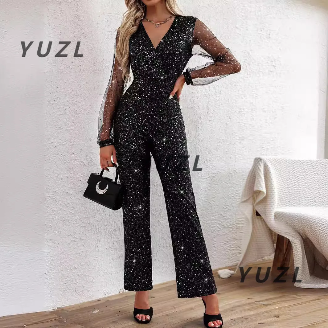 

Самосъемка, европейская и американская женская мода, облегающий гладильный серебряный комбинезон, вечернее платье, женская одежда, новинка 2025, м