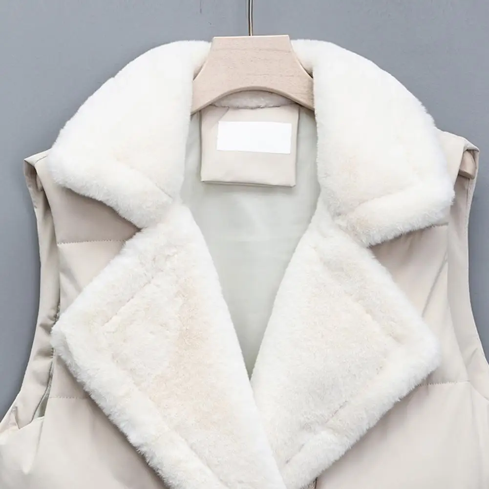 Winter Lady Vest Coat Solid Color Turn-down Collar Sleeveless Drawstring Waist Jacket Thick Plush Lined Button Closure Down Coat