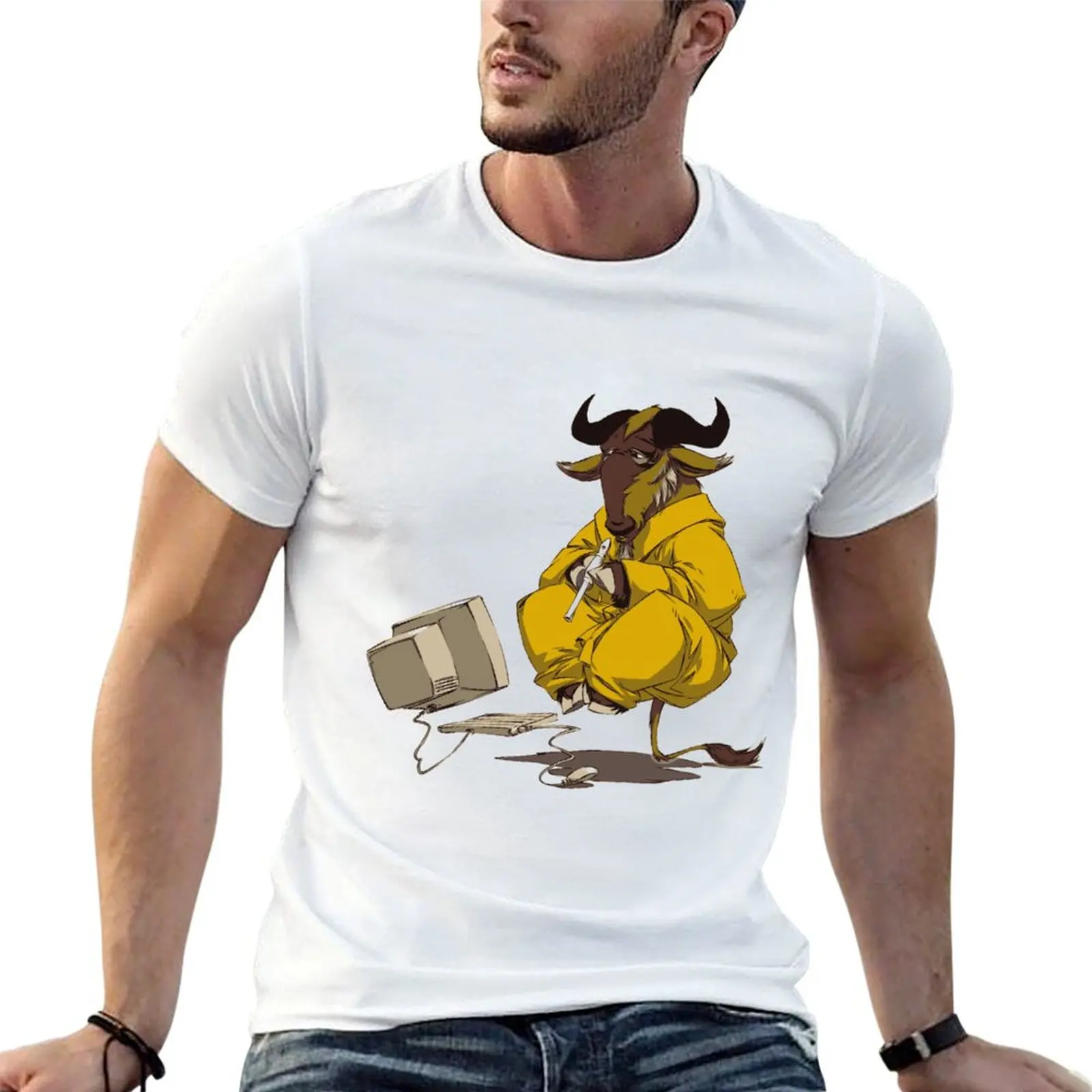 GNU meditating and playing the flute T-Shirt Minimalist Plain Crew Neck T-Shirt